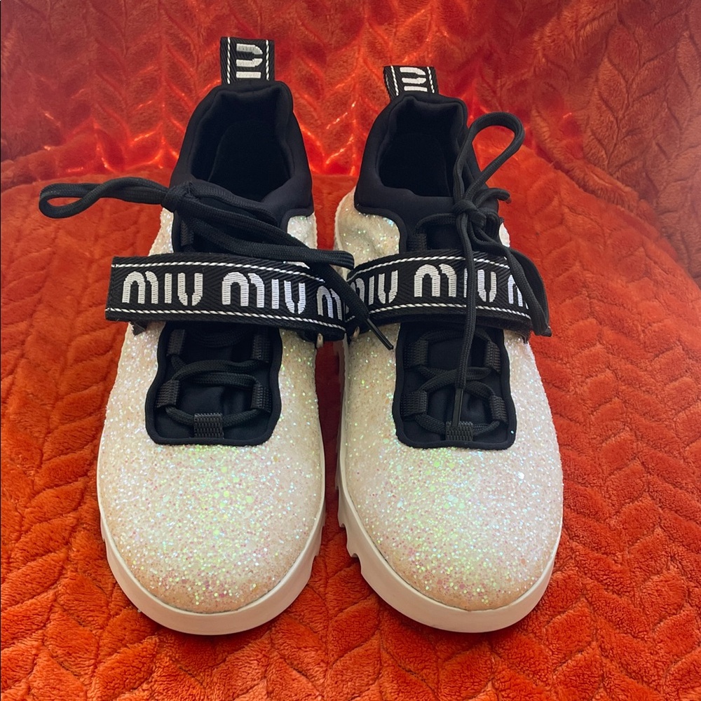 Miu Miu women Glitter Sneakers- White and Black